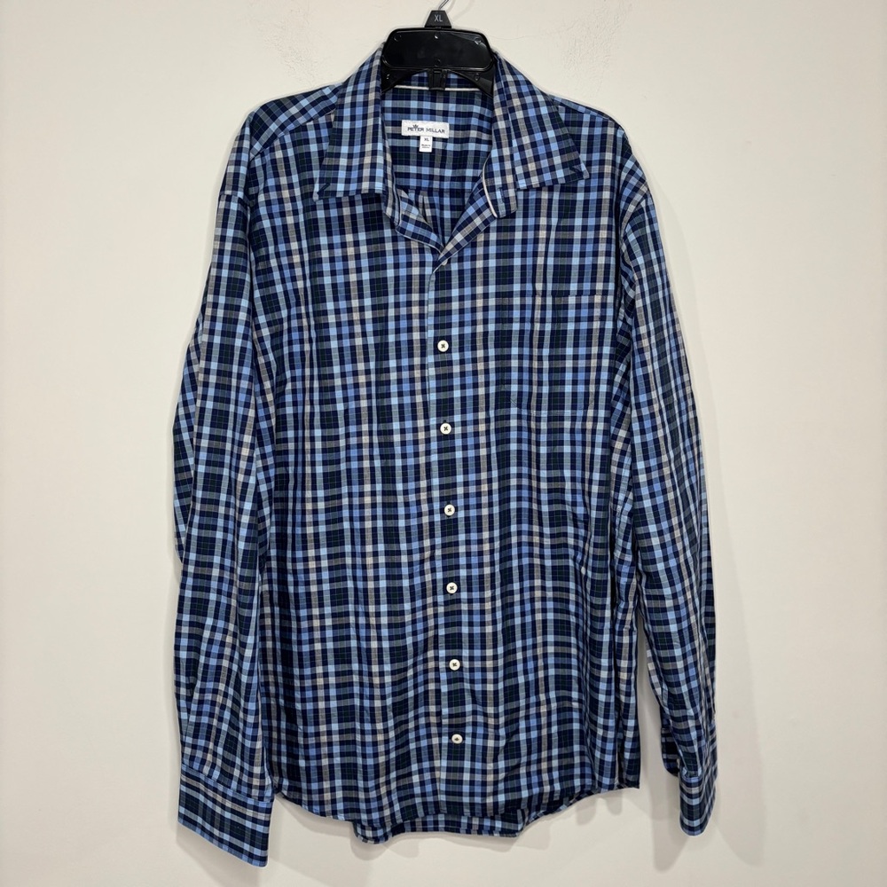 Peter Millar plaid button down shirt men's XL blue long sleeves casual preppy